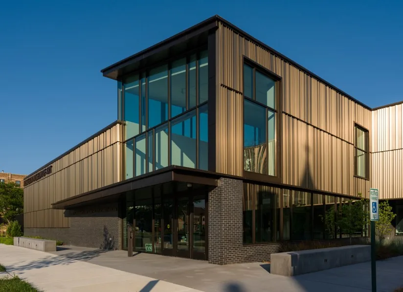 Muskegon Museum of Art, Muskegon, MI, Morin Pulse and F-12 panels in bronze